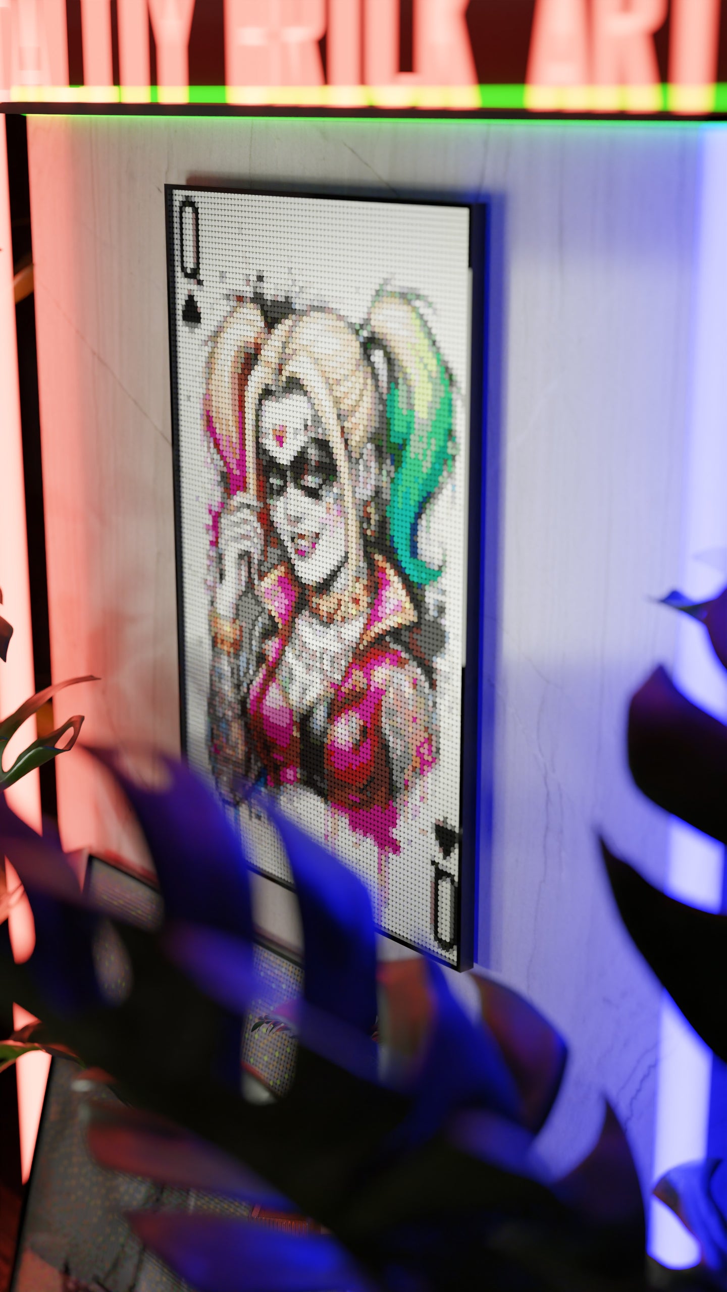Harley Quinn DC Joker LEGO® Style mosaic wall art made from colorful plastic bricks